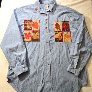 Vintage 1990s Embroidered Fall  Longsleeve Shirt Sz 18W Blue Patchwork Leaves